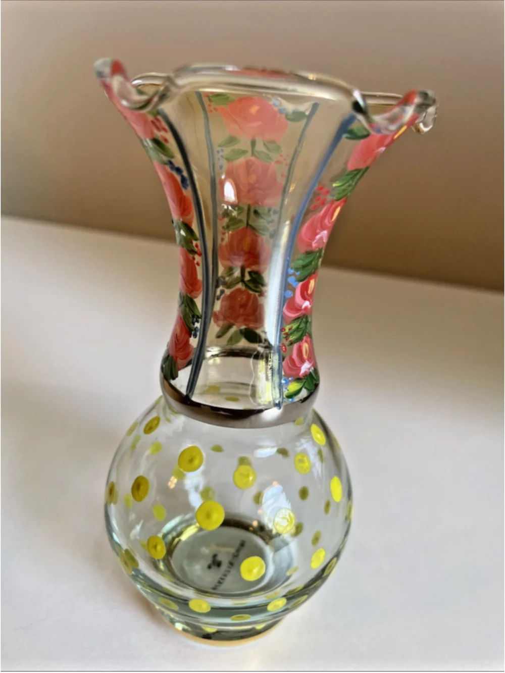 Mackenzie-Childs Chipper Glass Bud Vase Ruffled Floral Dots MINT